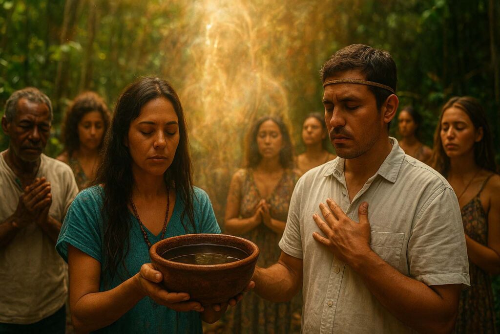 Ritual espiritual com Ayahuasca em comunidade Amazônica.
