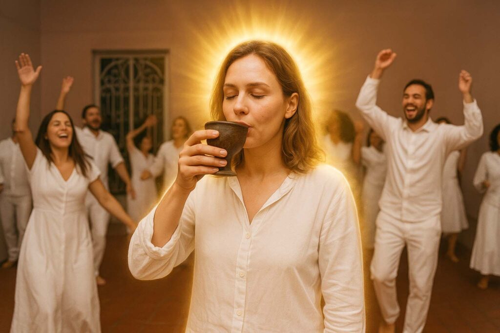 Ritual espiritual com Ayahuasca em templo espiritualista.