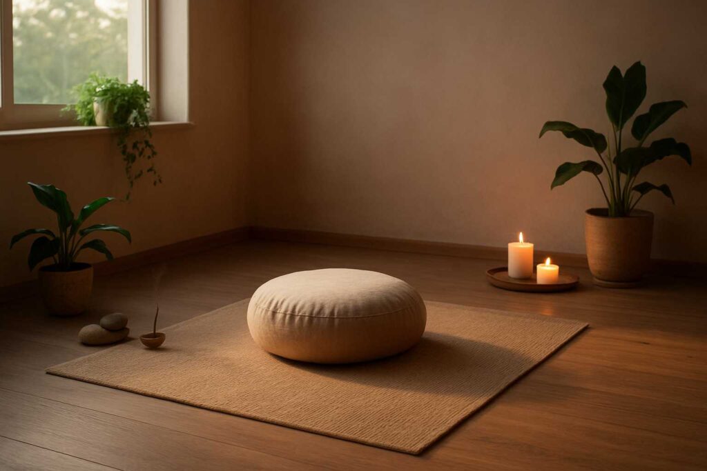 Ambiente ideal para meditação, com luz natural suave, plantas e espaço organizado para equilíbrio espiritual e bem-estar.