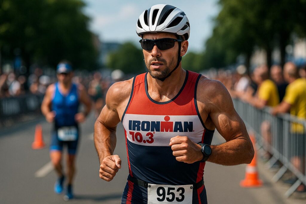 Atleta competindo no Iron Man 70.3, representando força física e mental