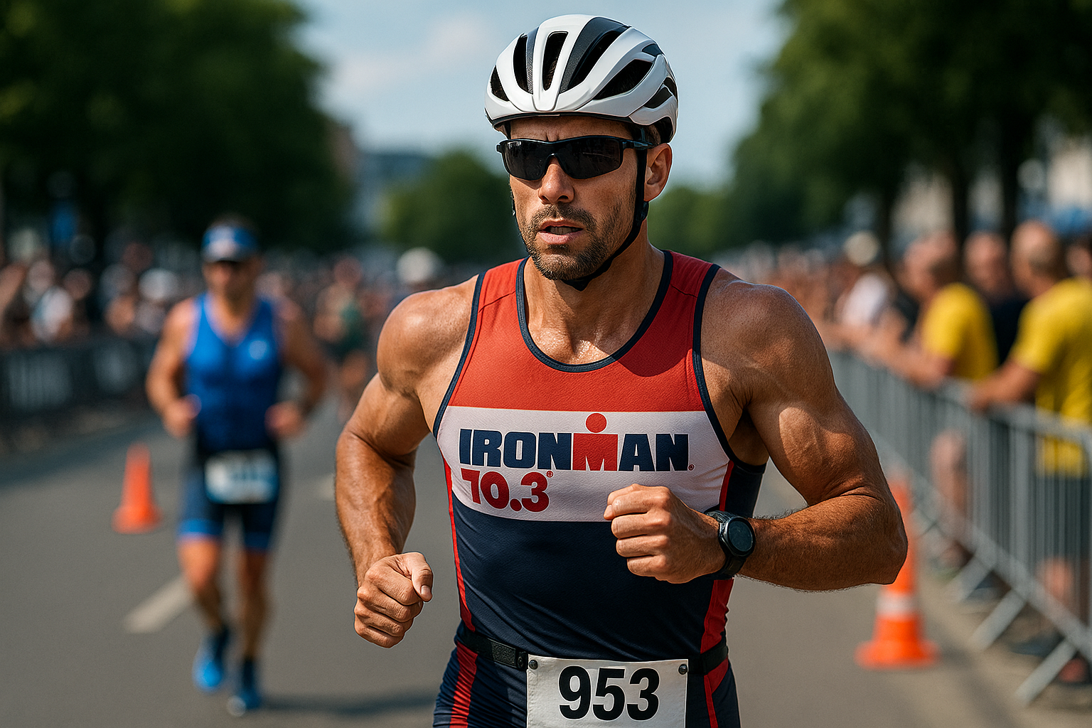 Atleta competindo no Iron Man 70.3, representando força física e mental