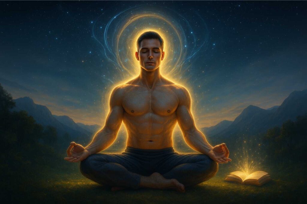 Benefícios da meditação para corpo, mente e espírito representados em imagem realista e espiritual.