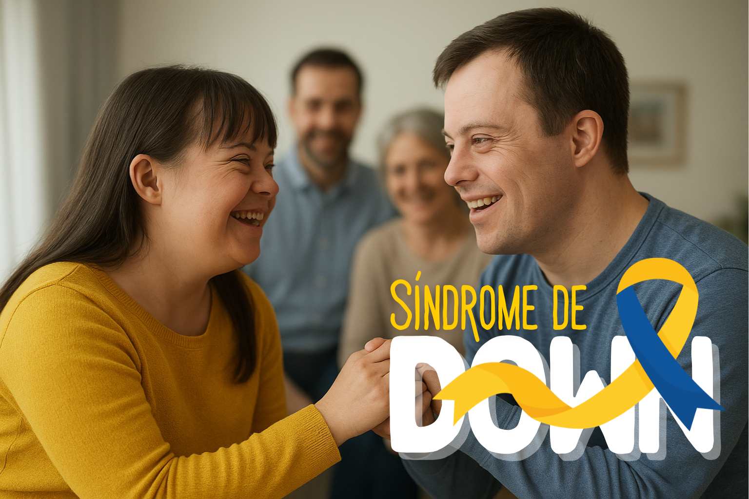 Casal com síndrome de Down sorrindo e de mãos dadas, acompanhado por familiares que os apoiam com carinho e alegria, representando acolhimento e união familiar.
