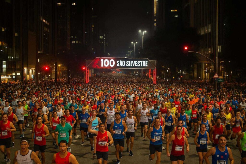 Corredores largando na São Silvestre 2025 na Avenida Paulista.