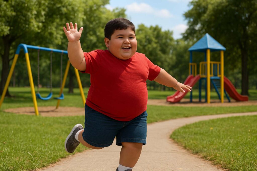 Ilustração de criança com obesidade brincando no parque, representando a obesidade infantil.