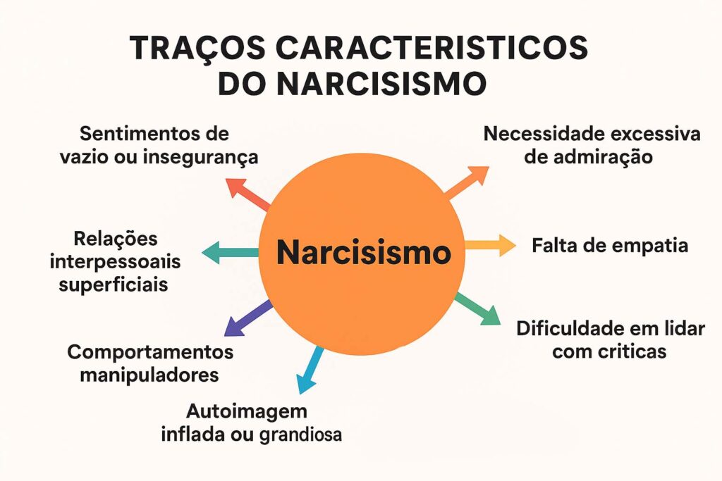 Gráfico com os traços característicos do narcisismo, mostrando sete aspectos principais ao redor do núcleo central.