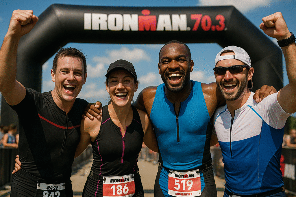 Grupo de atletas comemorando juntos após completar o Iron Man 70.3