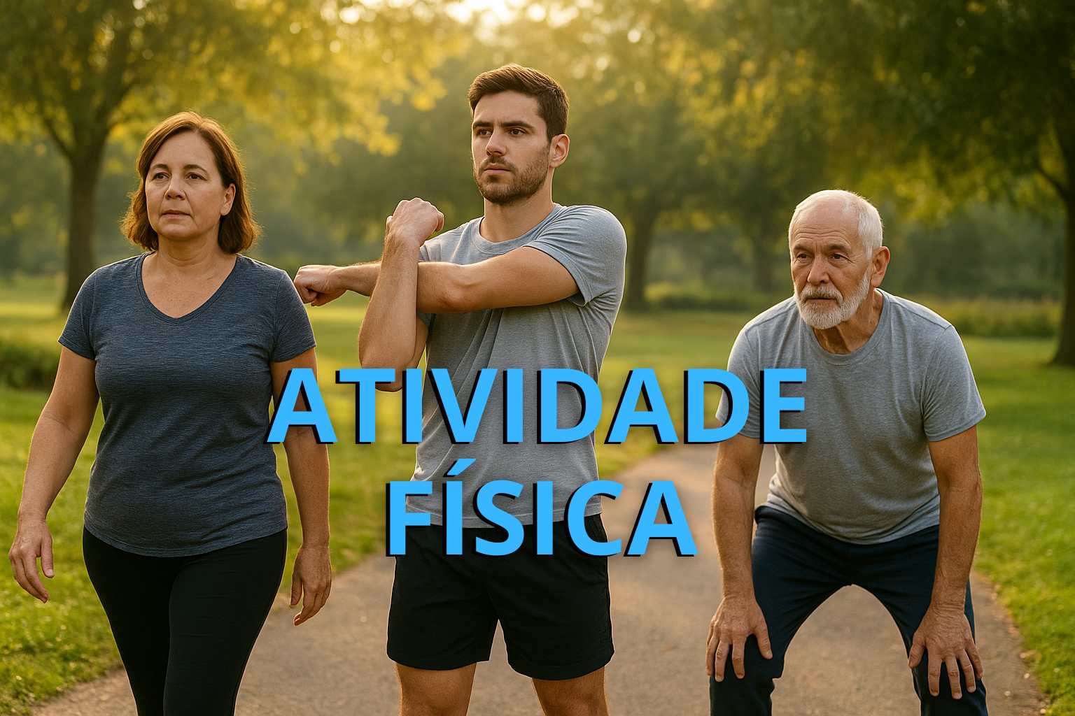 Homens e mulheres de várias idades praticando exercícios leves em um parque, simbolizando o início da atividade física do zero.