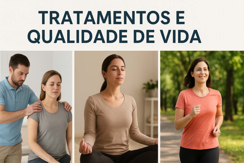 Colagem horizontal ilustrando fisioterapia supervisionada, práticas de yoga/meditação/acupuntura e caminhada saudável em parque, como tratamentos complementares da fibromialgia.