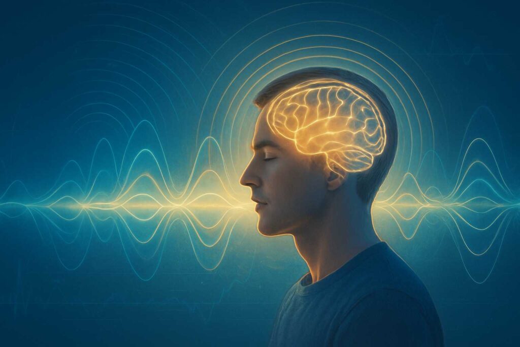 Ilustração de ondas sonoras atuando sobre o cérebro humano, simbolizando a neurociência do som e da repetição em práticas como mantras e oração.