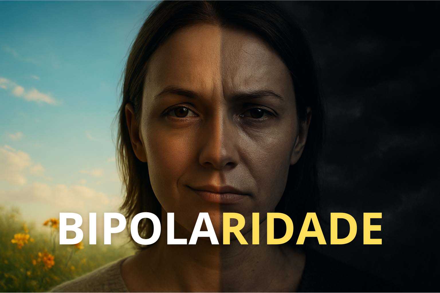 Imagem realista que representa a bipolaridade com um rosto humano dividido entre luz e sombra, simbolizando os ciclos emocionais do transtorno bipolar.