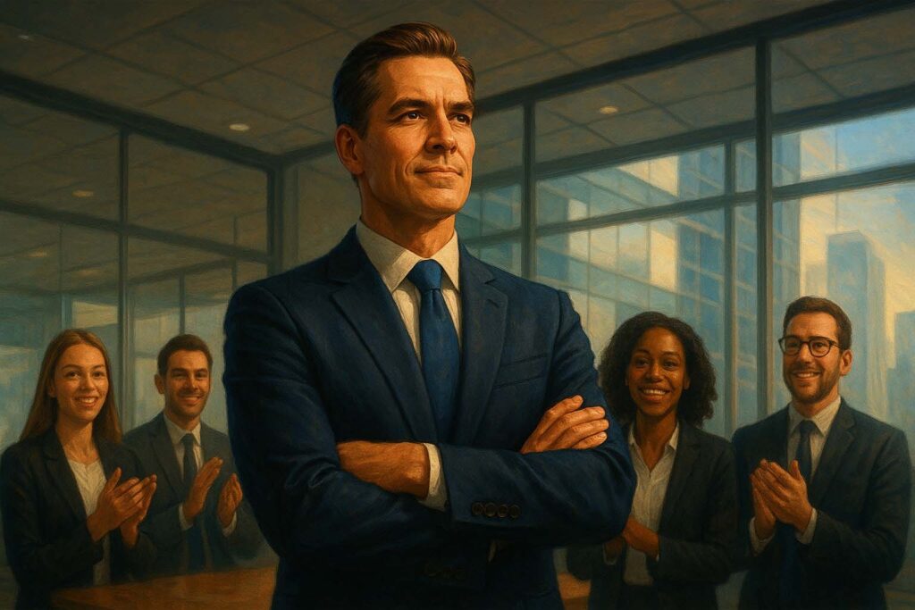 Líder empresarial em destaque com equipe ao fundo, representando confiança e sucesso profissional.