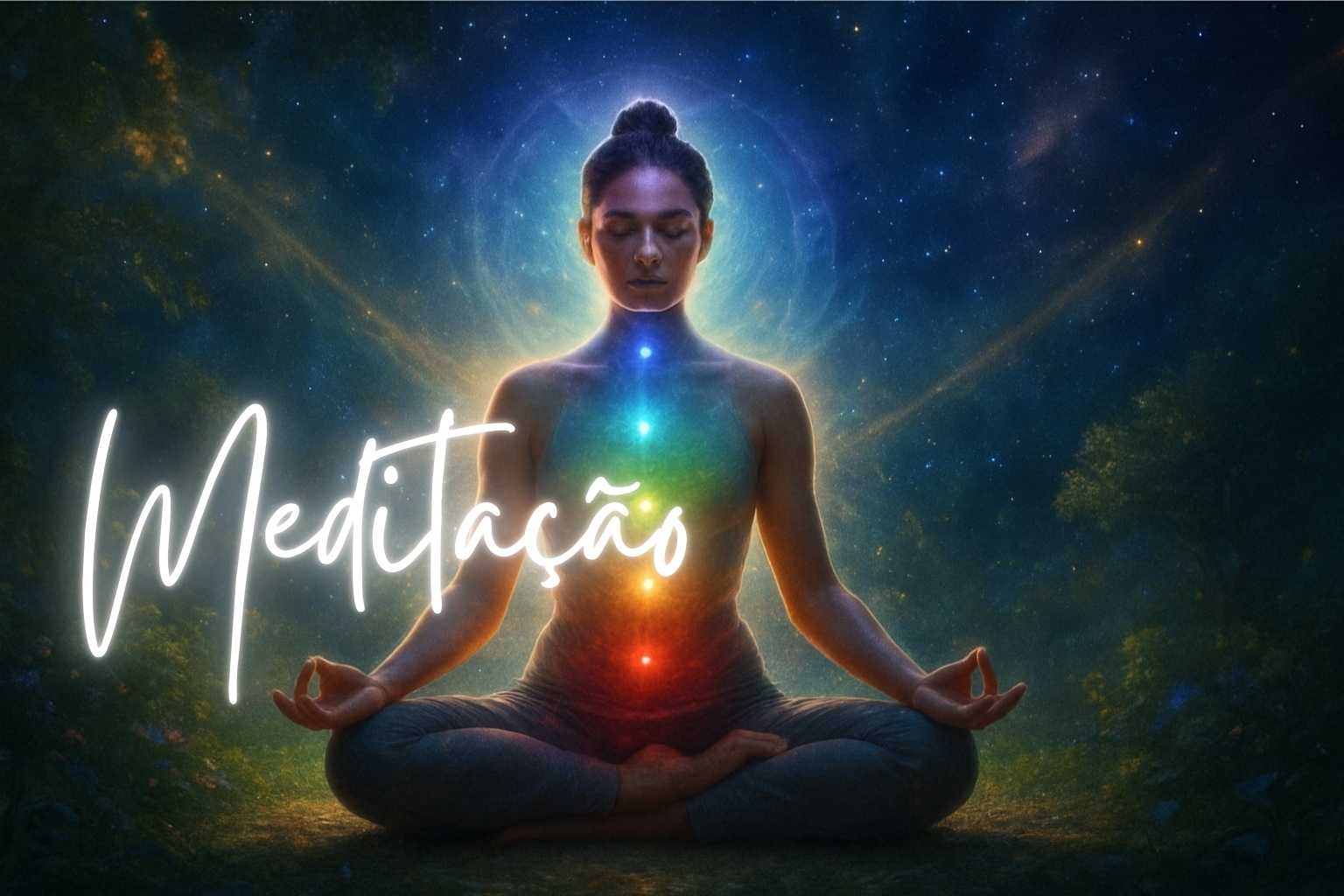 Meditação espiritual com chakras alinhados e aura luminosa em ambiente místico.