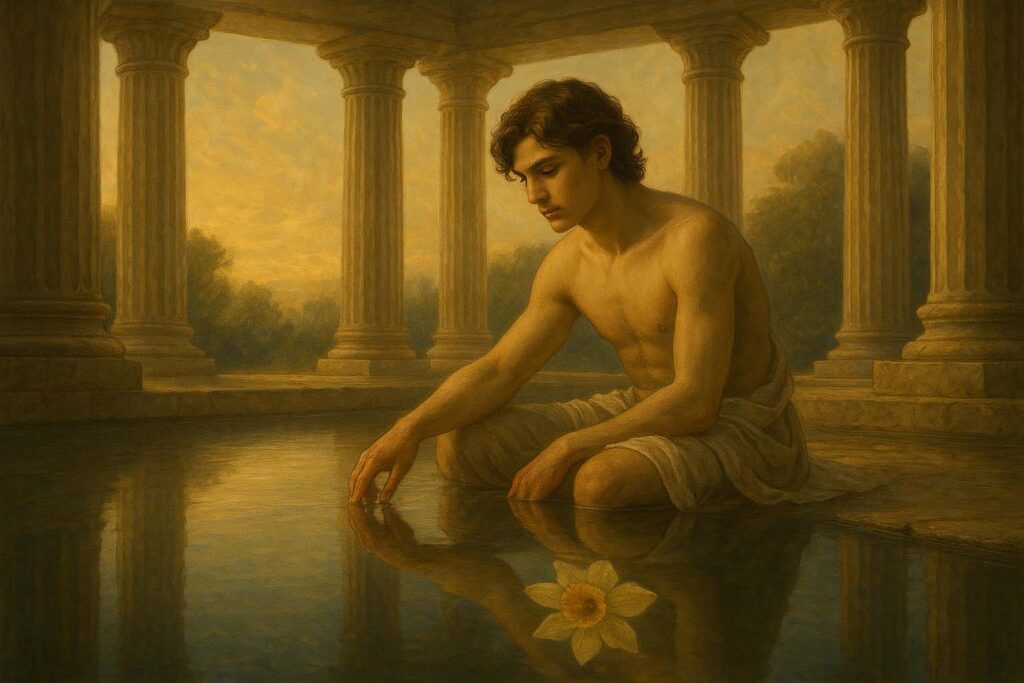 Mito de Narciso na mitologia grega observando seu reflexo no lago, origem do termo narcisismo.