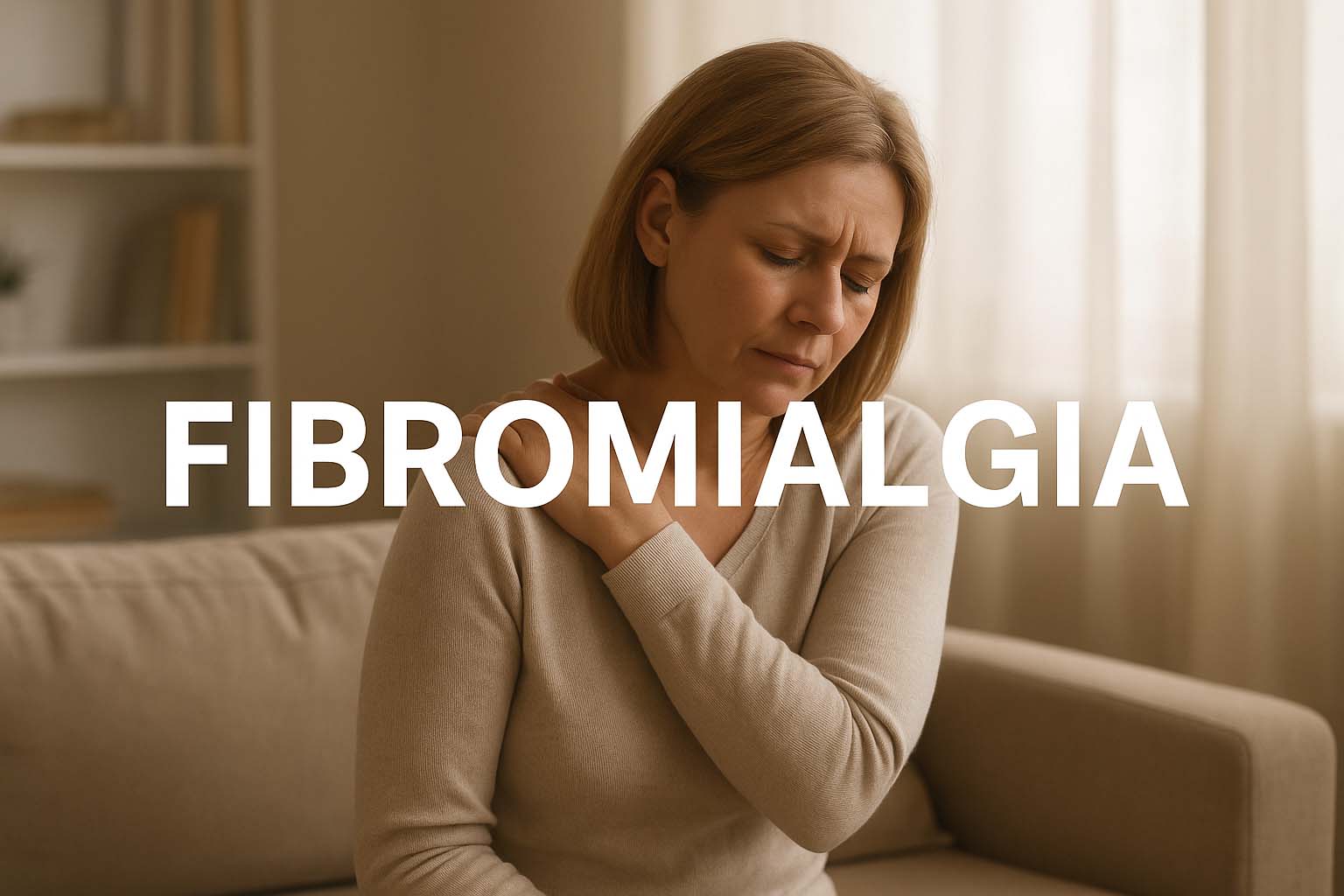 Mulher em ambiente doméstico, em postura reflexiva, representando a fibromialgia, com a palavra Fibromialgia em destaque.
