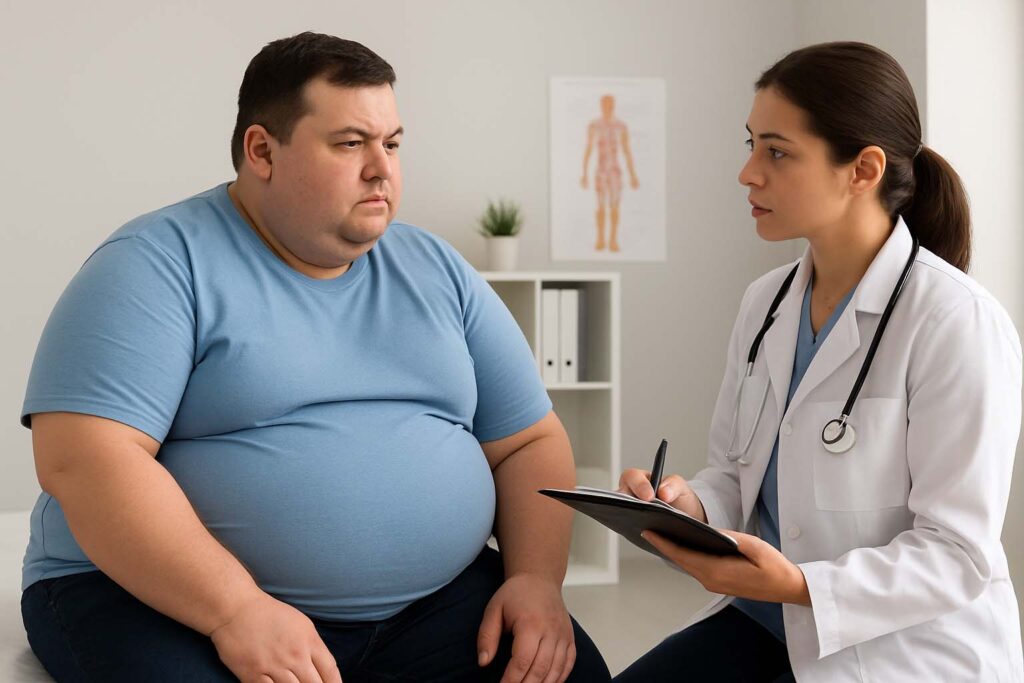 Paciente em consulta médica, representando a obesidade mórbida.
