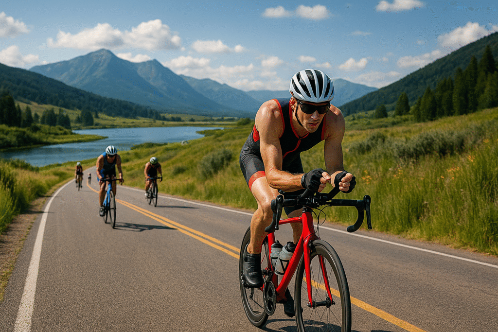 Percurso de ciclismo do Iron Man 70.3 com paisagem natural ao fundo