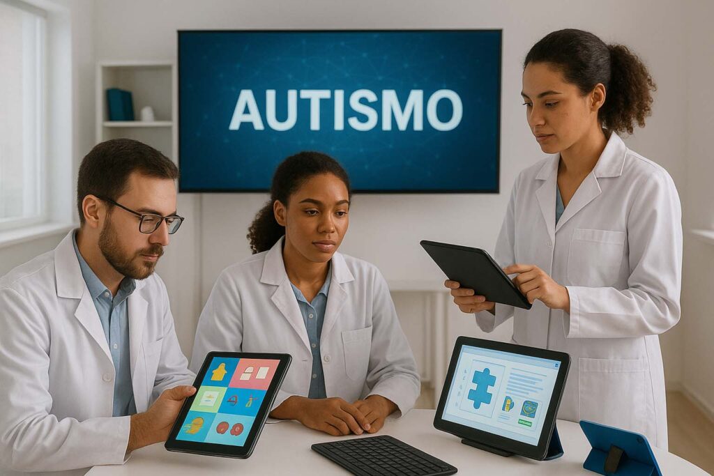 Pesquisadores desenvolvendo tecnologias e recursos de apoio para inclusão de pessoas com autismo.