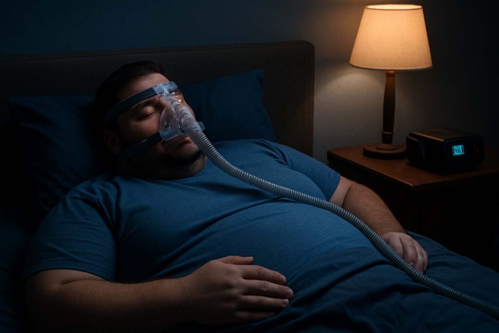 Pessoa dormindo com máscara de CPAP, representando apneia do sono relacionada à obesidade.