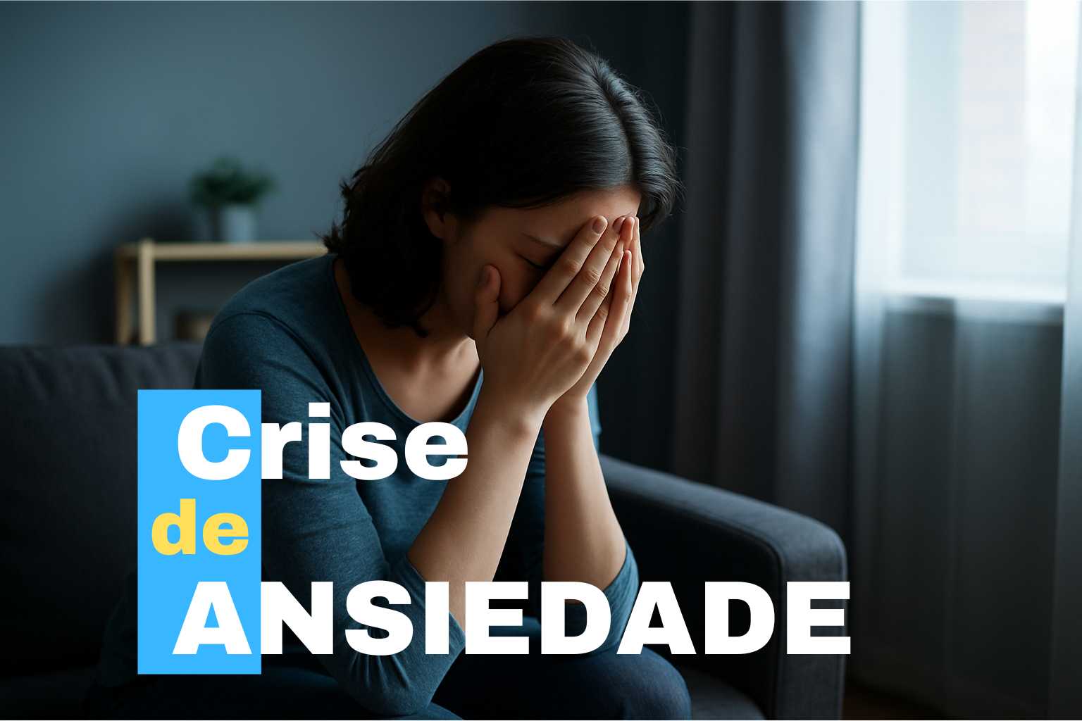 Pessoa em ambiente doméstico vivenciando crise de ansiedade, representada com expressão de angústia em cena realista.