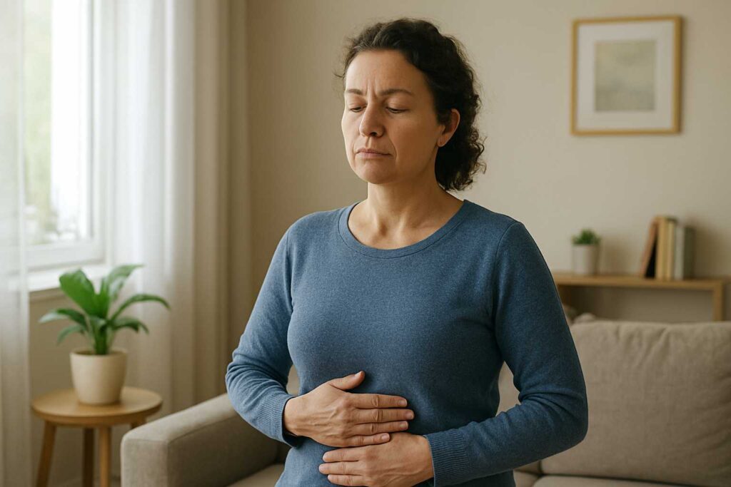 Pessoa em casa praticando exercícios de respiração e postura para reduzir a ansiedade e acalmar a mente.