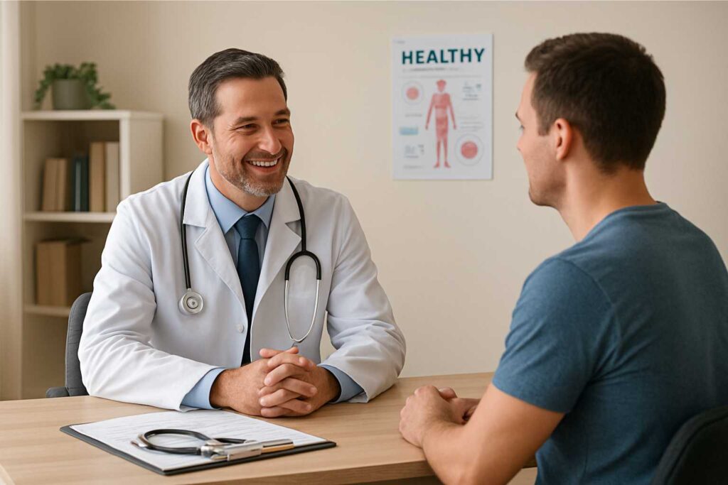 Pessoa em consulta médica antes de começar a praticar exercícios físicos, reforçando a importância da avaliação profissional.