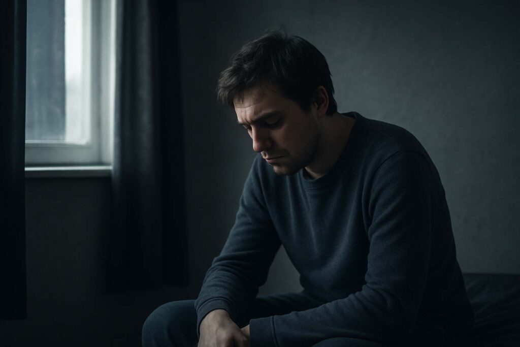 Pessoa em episódio depressivo de transtorno bipolar, sentada em ambiente sombrio, com expressão de tristeza profunda.