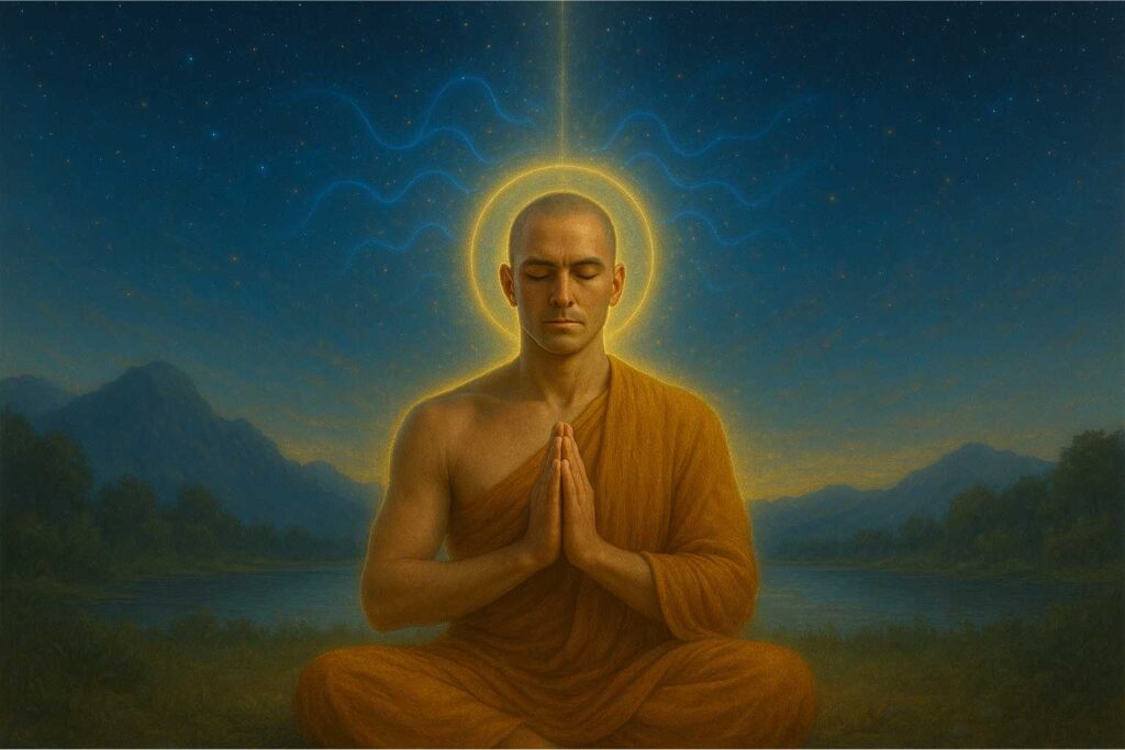 Pessoa em meditação com aura dourada, energia mental azul e conexão espiritual entre céu e terra, simbolizando corpo, mente e espírito em equilíbrio.