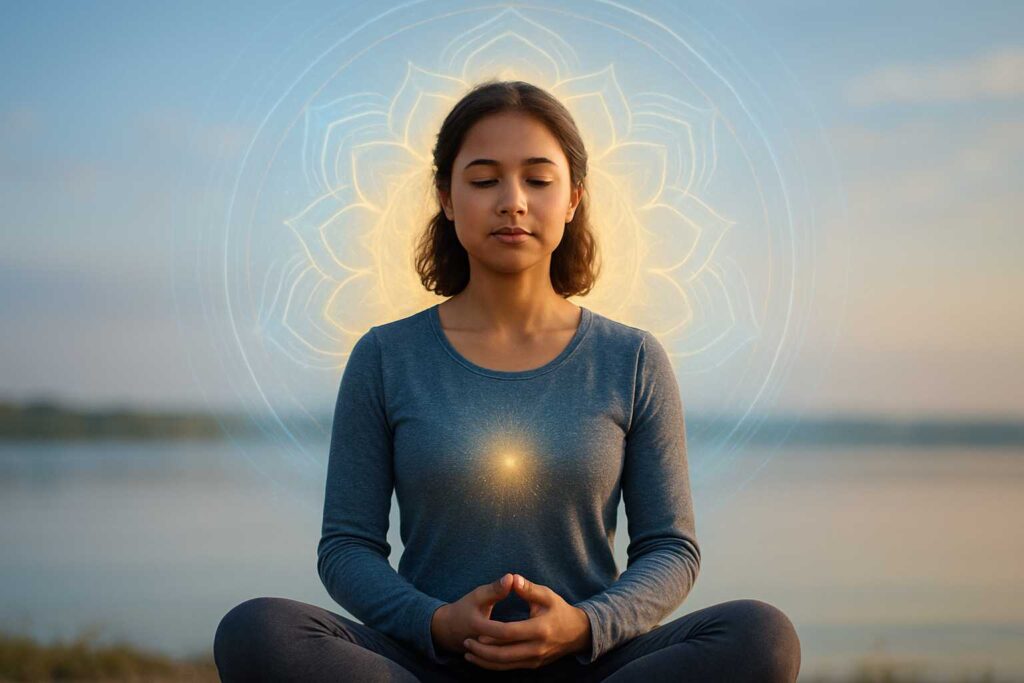 Pessoa em meditação com luz suave e mandalas luminosas simbolizando clareza mental e foco alcançados com mantras e oração.