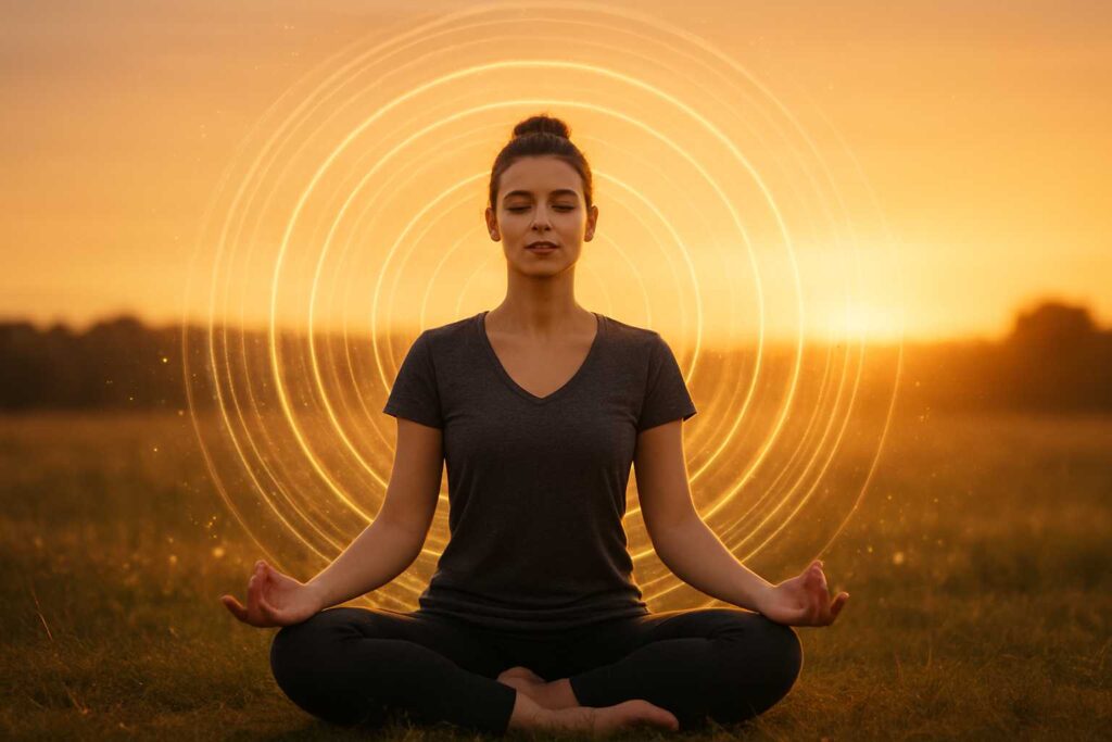 Pessoa em meditação com ondas de energia dourada simbolizando mantras como frequência sonora e vibracional.