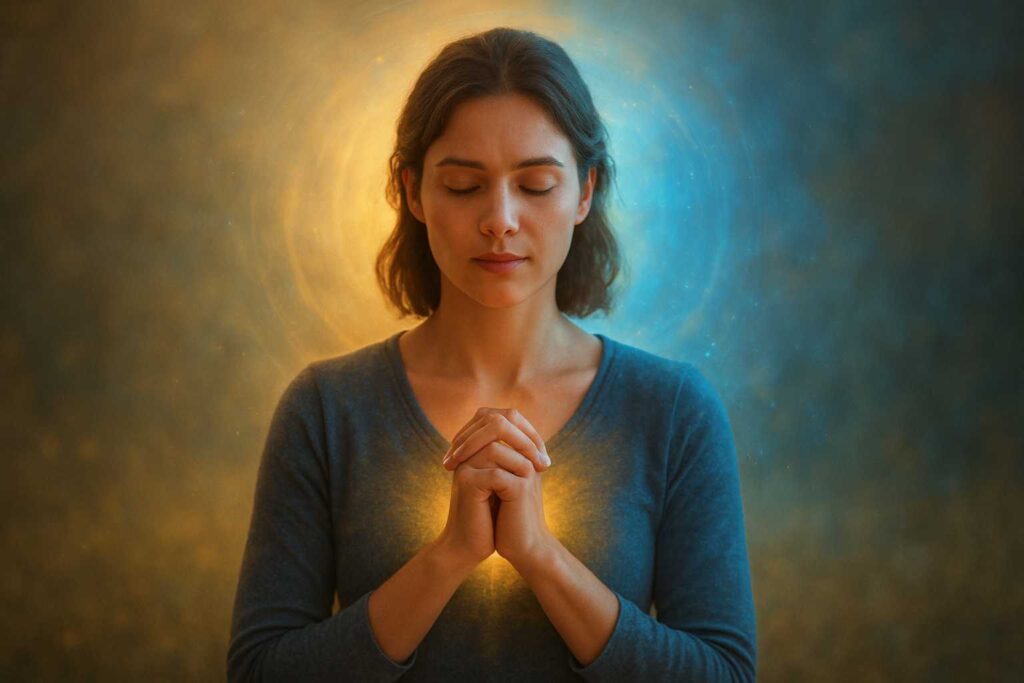 Pessoa em oração contemplativa irradiando luz dourada e azul, representando equilíbrio psicológico e emocional.