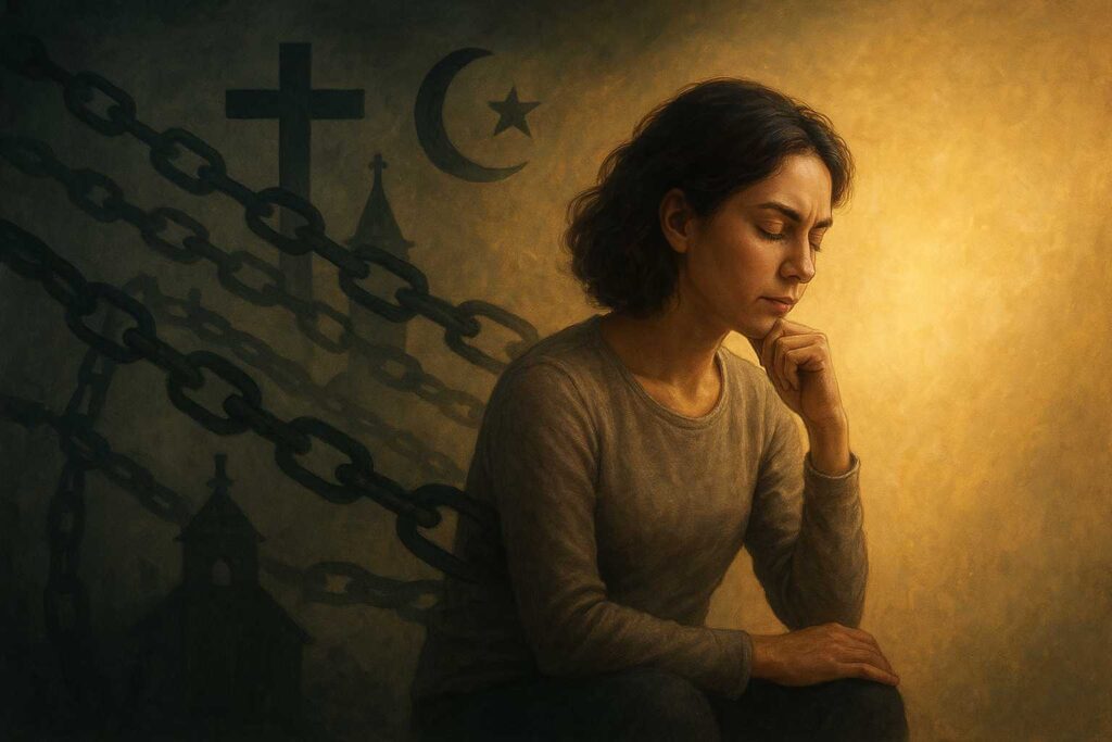 Pessoa em postura reflexiva rompendo correntes simbólicas de crenças limitantes e associações religiosas negativas, com luz dourada representando superação espiritual.
