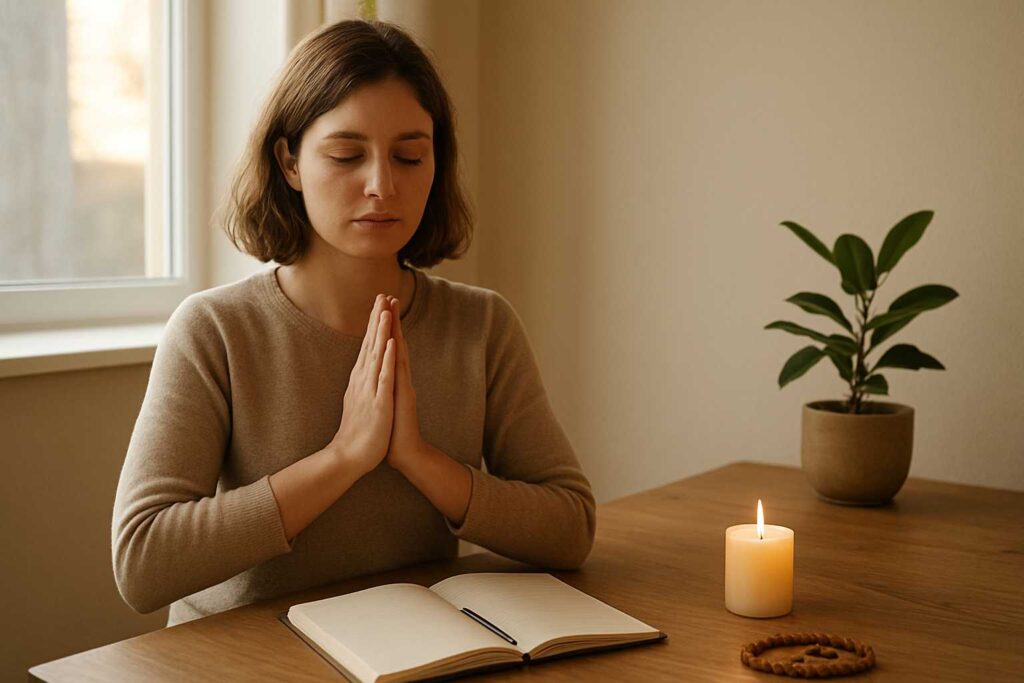 Pessoa em ritual diário de conexão, praticando oração em ambiente calmo e iluminado, com elementos que simbolizam equilíbrio e serenidade.