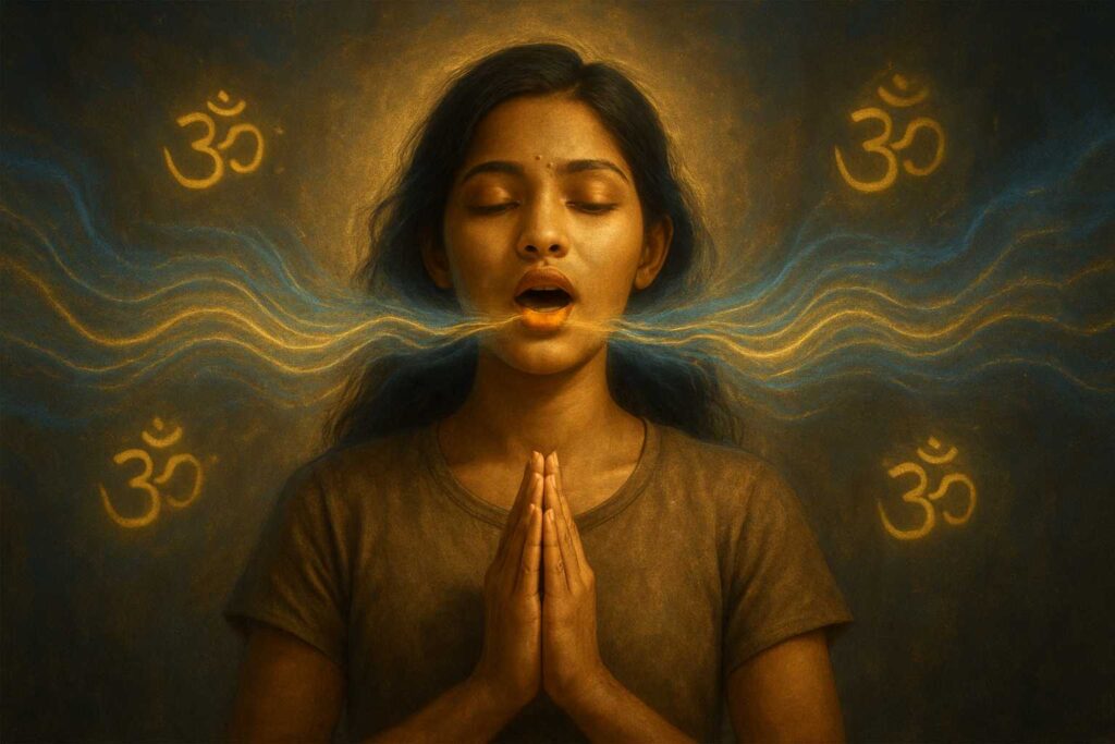 Pessoa meditando e entoando mantras, com vibrações sonoras e símbolos espirituais representando equilíbrio e paz interior.