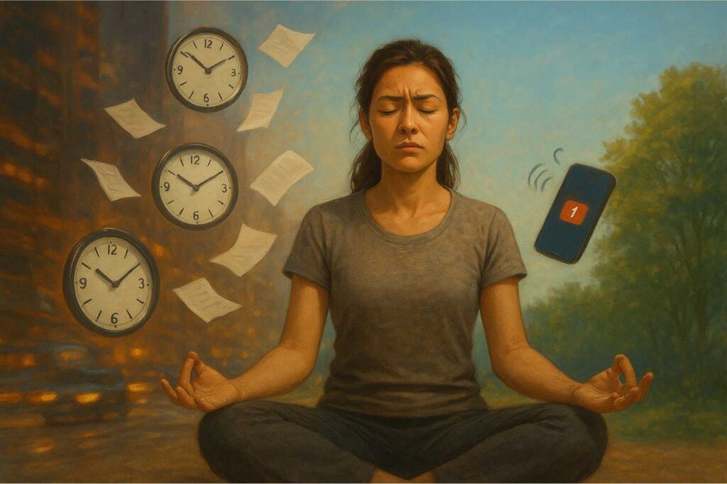 Pessoa meditando em meio a distrações e inquietude, simbolizando a dificuldade de manter foco durante a prática.
