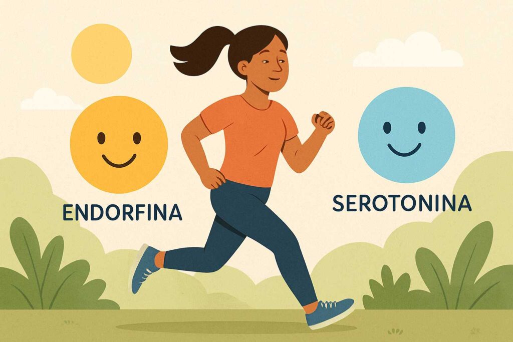 Pessoa praticando atividade física com representação simbólica da endorfina e serotonina, os hormônios da felicidade, em efeitos visuais científicos e ilustrativos.