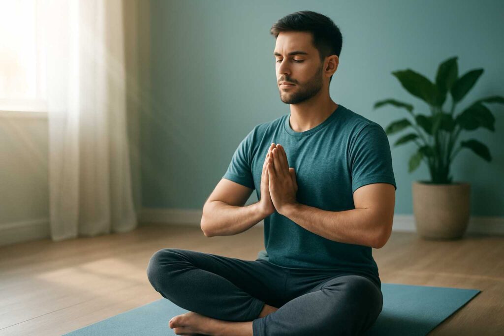 Pessoa praticando exercícios físicos que promovem foco e clareza mental em ambiente calmo e iluminado.