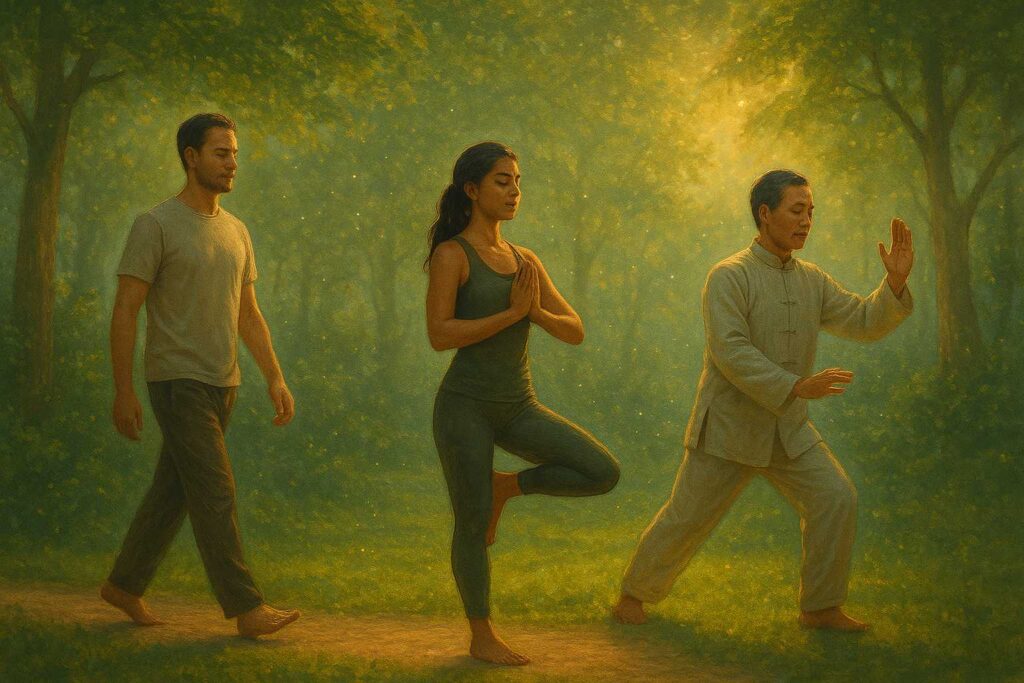 Pessoa praticando meditação ativa em movimento com walking meditation, yoga e qigong em ambiente natural.