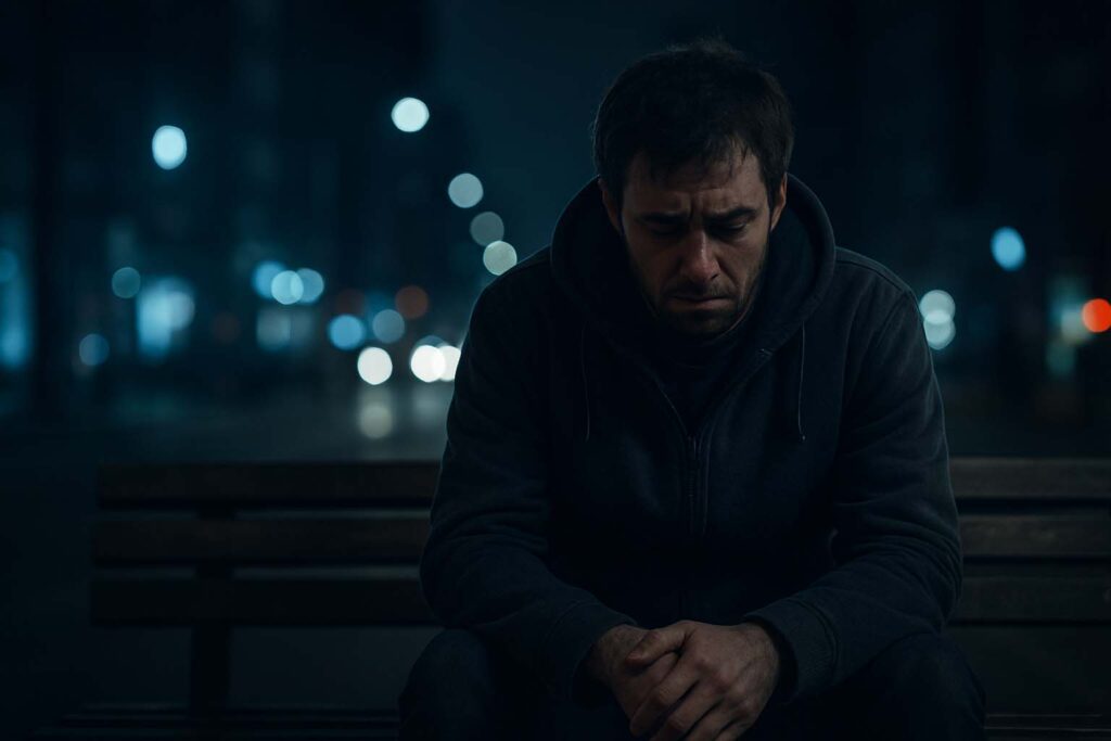 Pessoa sozinha em ambiente urbano noturno, simbolizando traumas emocionais e estressores associados ao transtorno bipolar.