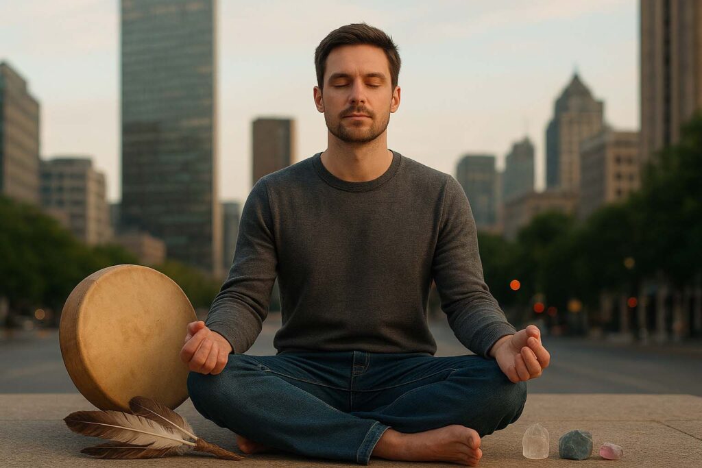 Praticante de xamanismo moderno em meditação, cercado por tambor e elementos naturais em atmosfera urbana e espiritual.