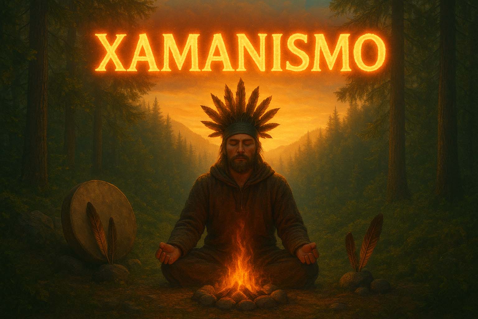 Praticante de xamanismo moderno meditando em conexão com a natureza e os elementos da cura ancestral.