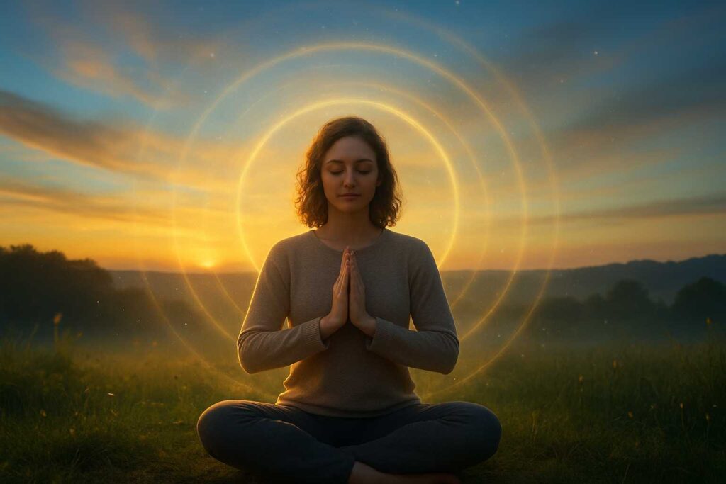 Praticante em meditação com aura luminosa expandida ao amanhecer, simbolizando a expansão da consciência e percepção sutil.