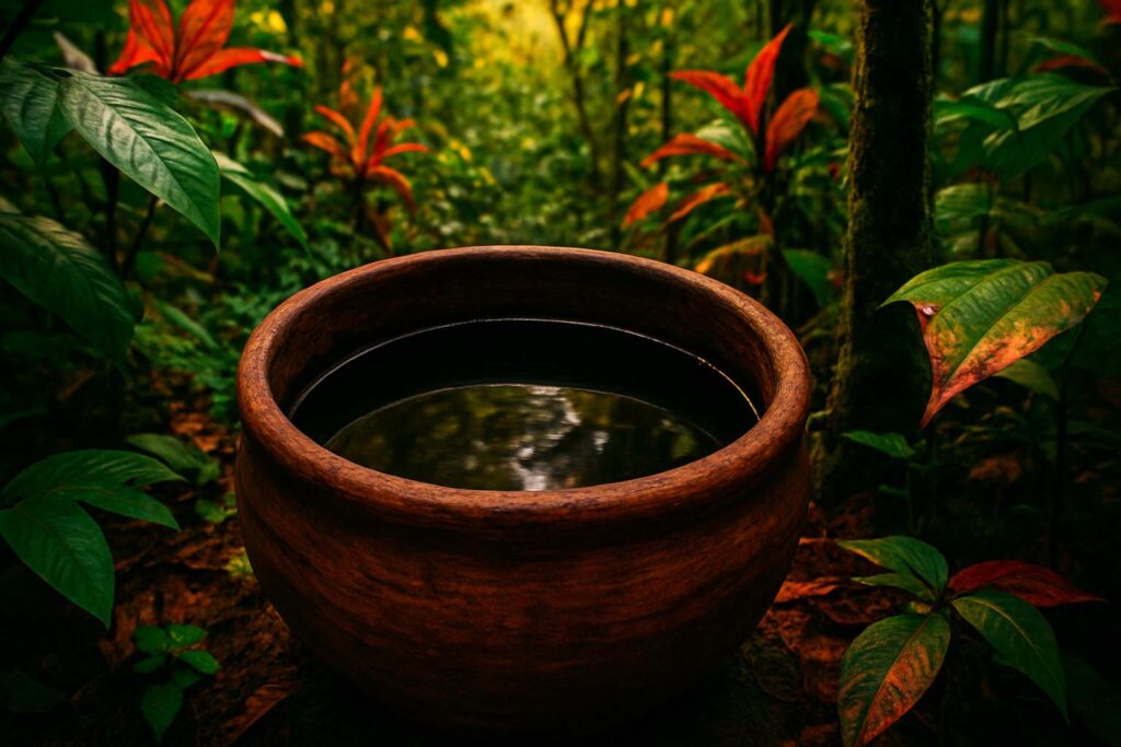Chá de Ayahuasca em recipiente cerimonial amazônico.