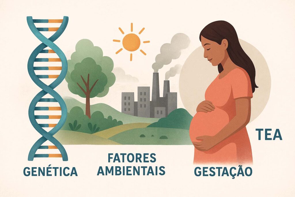 Representação ilustrativa mostrando dupla hélice de DNA e elementos ambientais (natureza, poluição urbana, gestação) para simbolizar a interação entre genética e fatores externos.