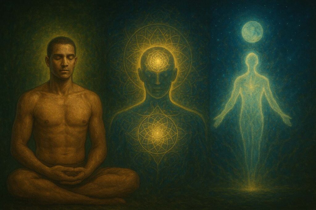 Representação realista e mística do equilíbrio entre corpo, mente e espírito no Santo Daime, unindo disciplina, consciência e espiritualidade.