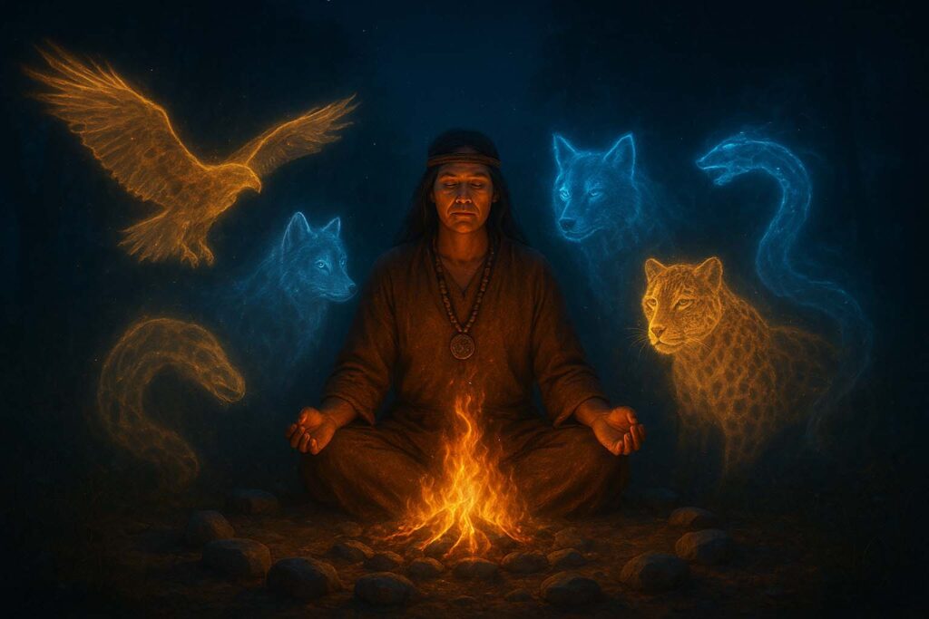 Ritual xamânico com xamã cercado por animais de poder em manifestação espiritual.