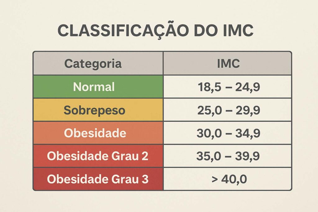 Tabela ilustrativa mostrando a classificação do IMC em diferentes níveis.
