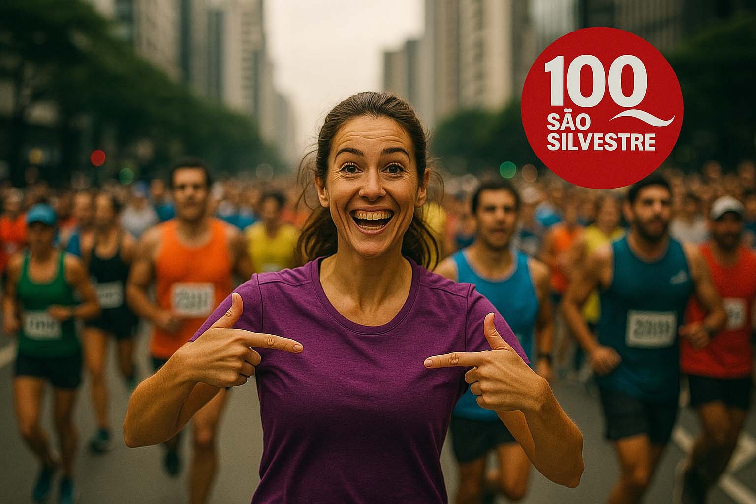 Atleta amadora em momento descontraído no percurso da corrida de São Silvestre em São Paulo.