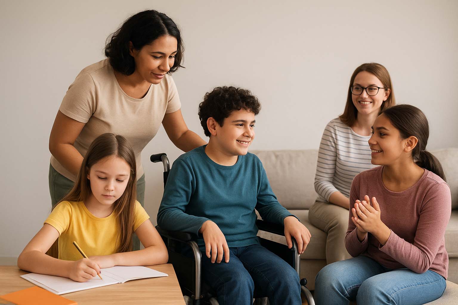 Imagem criada por Inteligência Artificial representando a diversidade dentro do espectro autista, mostrando crianças e adultos em diferentes interações sociais e contextos cotidianos.