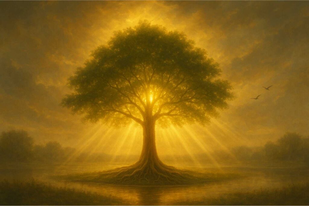 Representação realista da espiritualidade como fonte de equilíbrio contra a ansiedade, simbolizada por uma árvore iluminada por luz dourada em ambiente sereno.